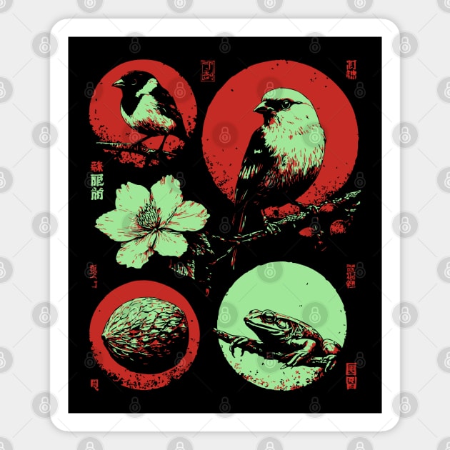 Woodland Birds - Ukiyo-e Japanese Nature Collage Magnet by TuncGK
